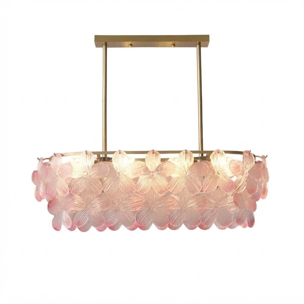 Modern Brass and Pink Petal Art Glass Linear Chandelier with Brass Canopy on Pure White Background