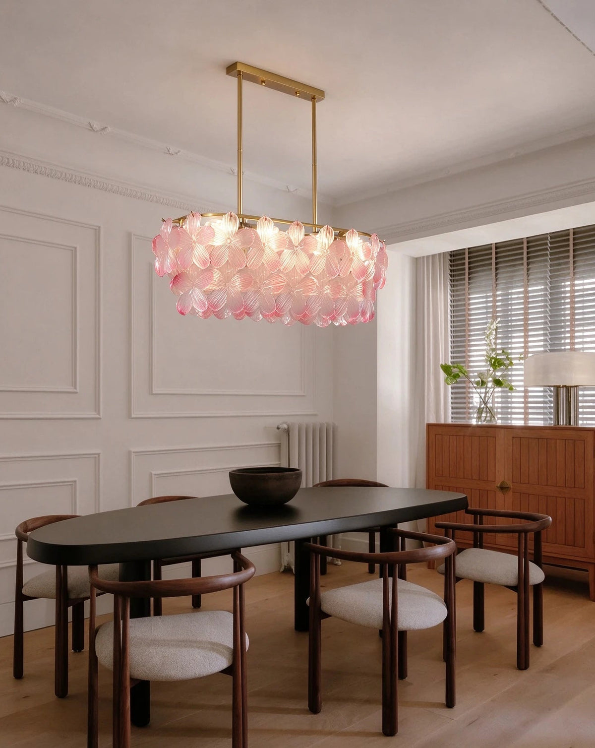 Modern Pink Petal Art Glass Linear Chandelier in Minimalist Dining Room