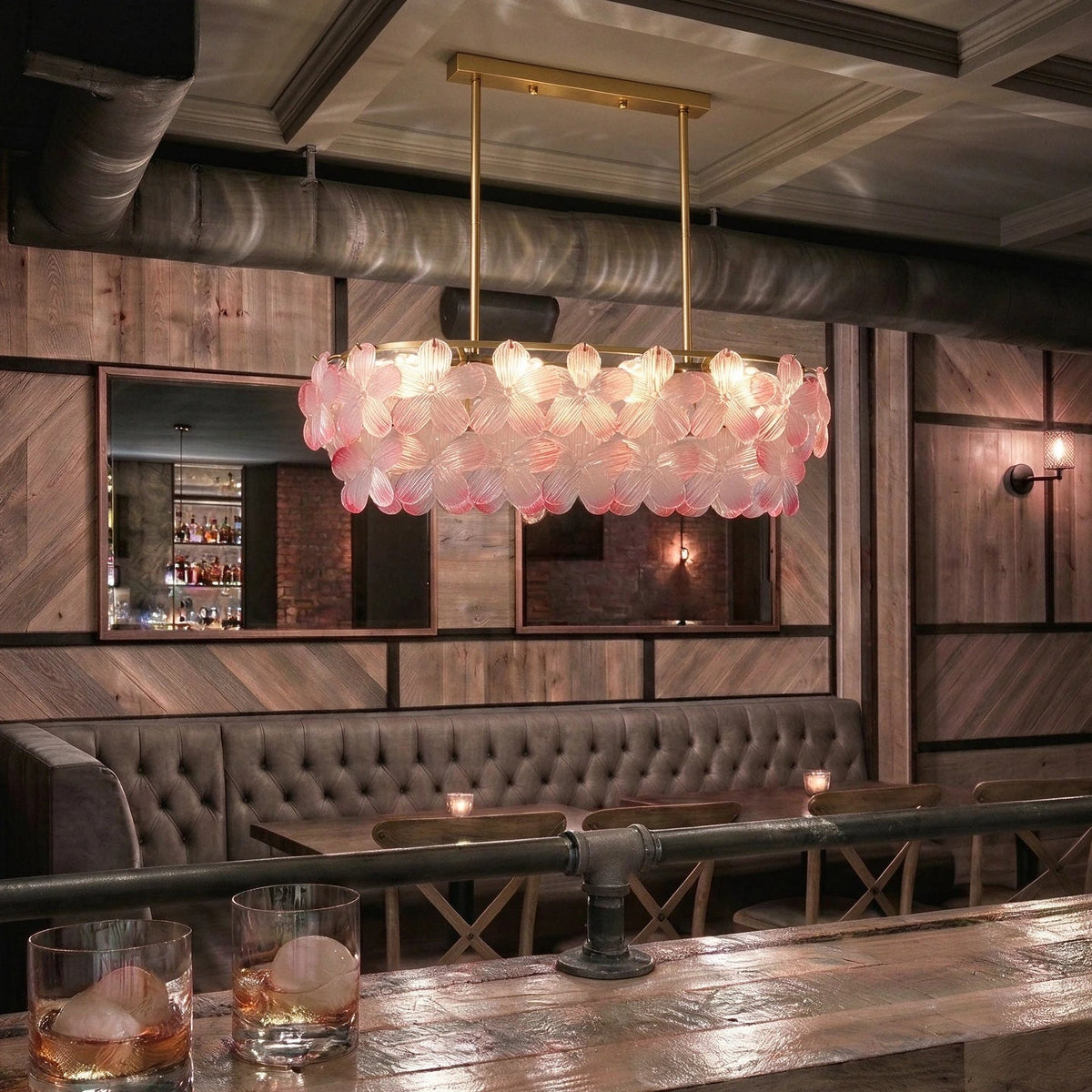 Modern Brass Pink Petal Art Glass Linear Chandelier in Retro Lounge Bar Setting