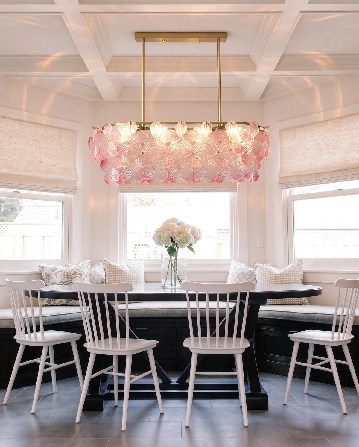 Modern Pink Petal Art Glass Linear Chandelier in Elegant Dining Setting