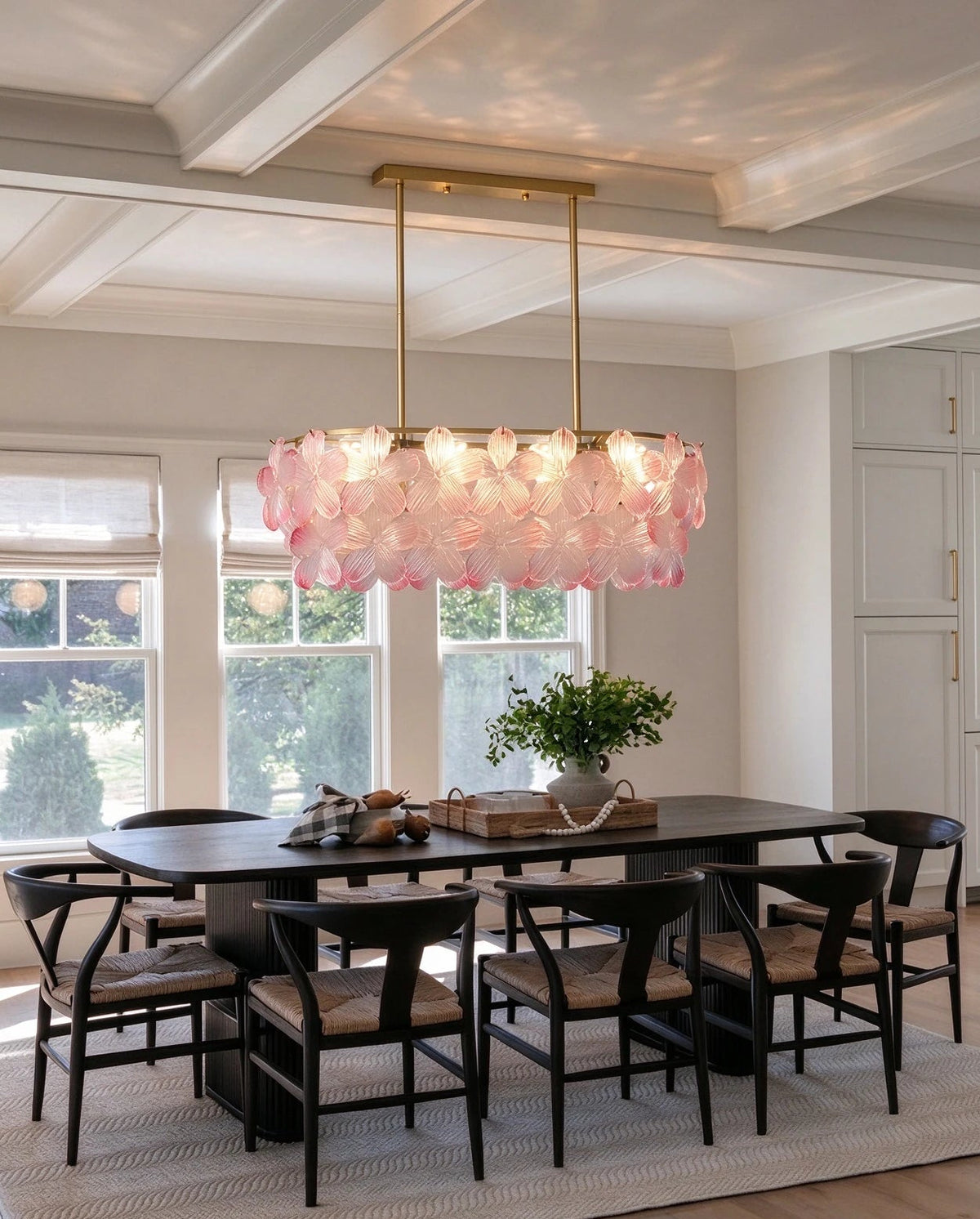 Modern Brass Pink Petal Art Glass Linear Chandelier in Cozy Dining Space