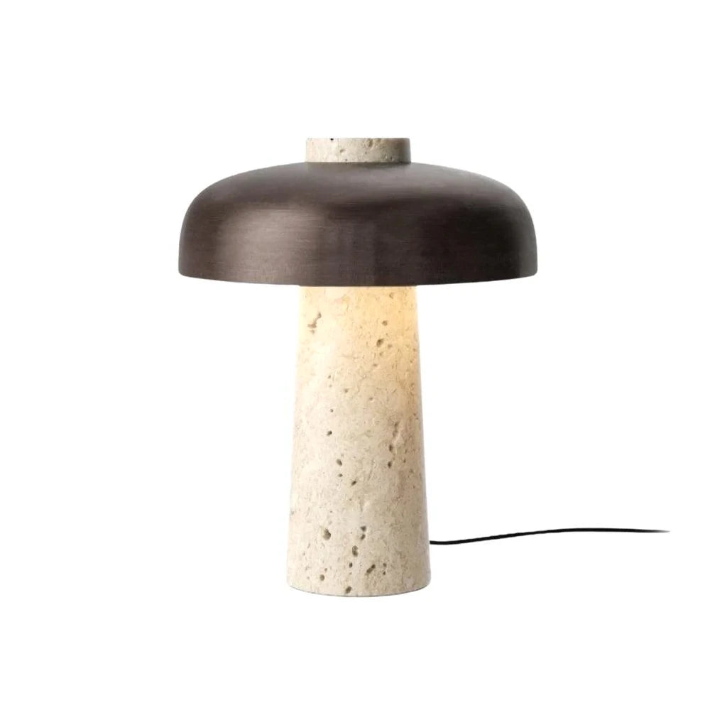 Modern Travertine and Dark Metal Mushroom Table Lamp on Pure White Background