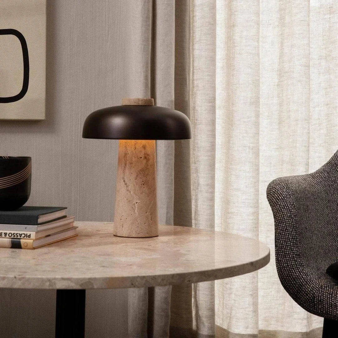 Modern Travertine Mushroom Table Lamp on Stone Dining Table