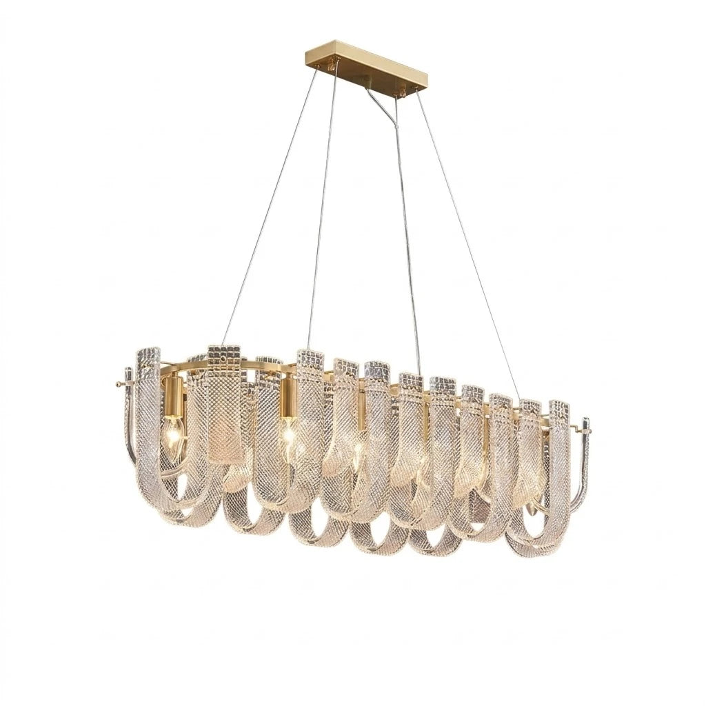 Modern Brass and Fluted Art Glass Linear Chandelier with Gold Canopy on Pure White Background