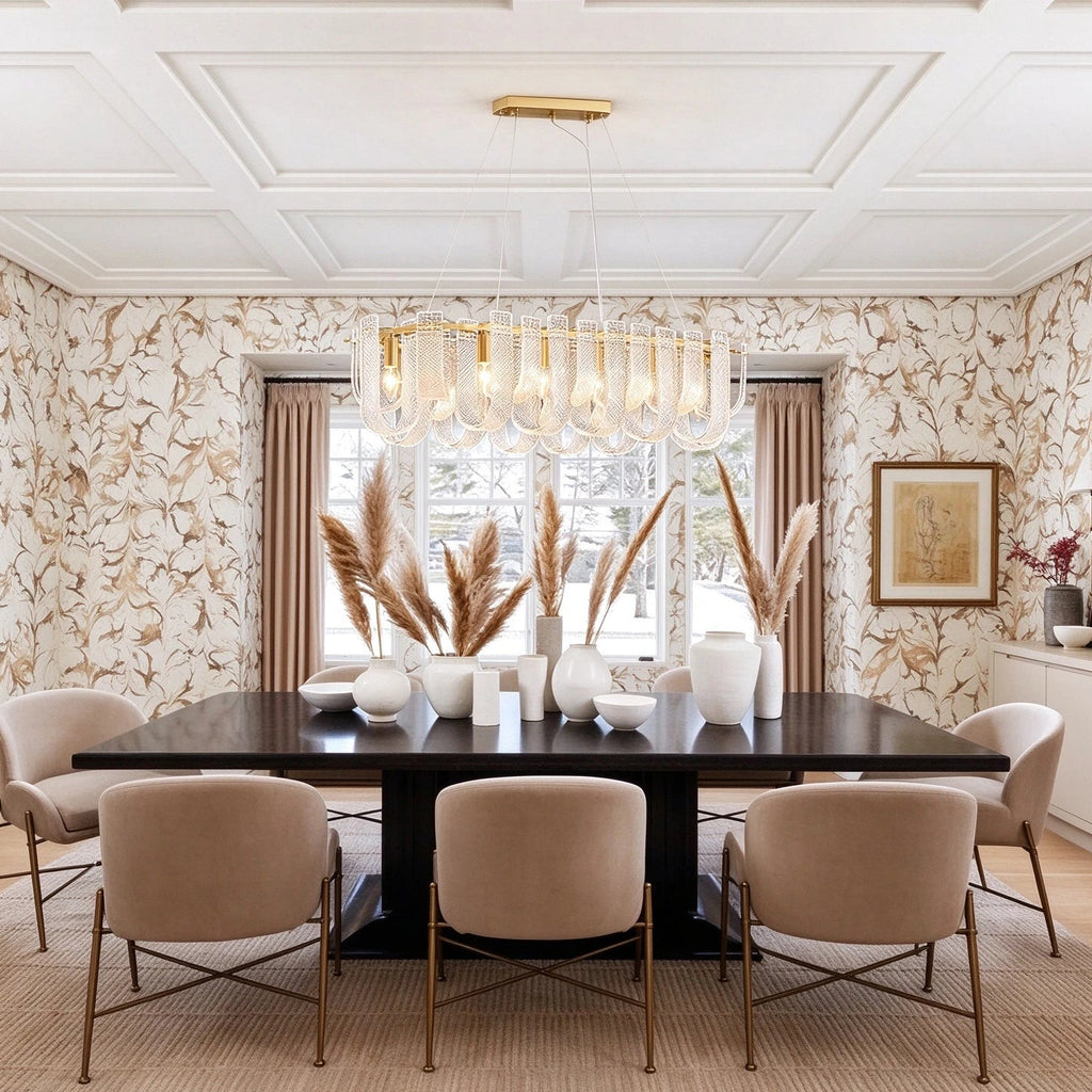 Modern Brass Fluted Art Glass Linear Chandelier in Open Plan Dining Setting