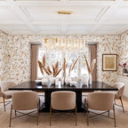 Modern Brass Fluted Art Glass Linear Chandelier in Open Plan Dining Setting