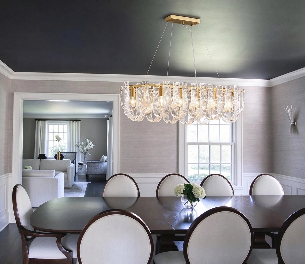 Modern Fluted Art Glass Linear Chandelier in Contemporary Dining Space