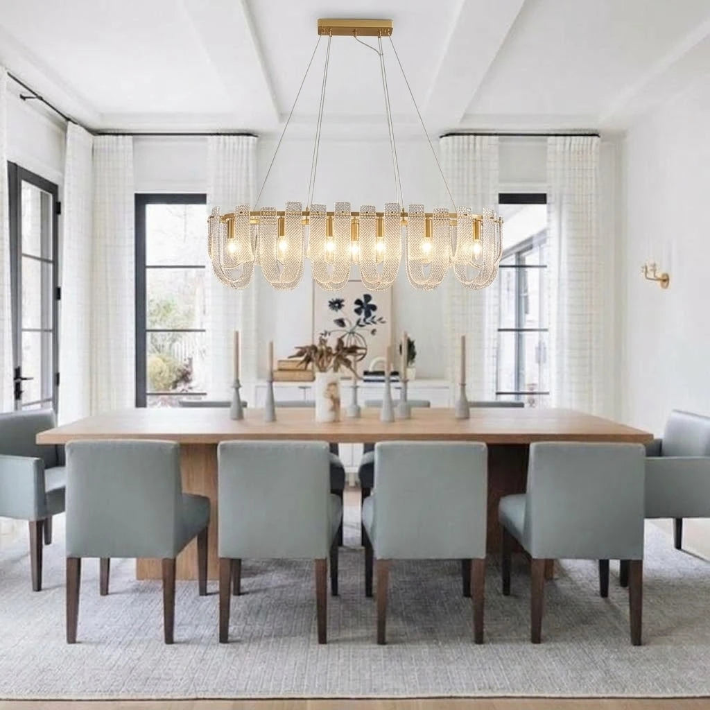Modern Brass Fluted Art Glass Linear Chandelier in Classic Dining Setting