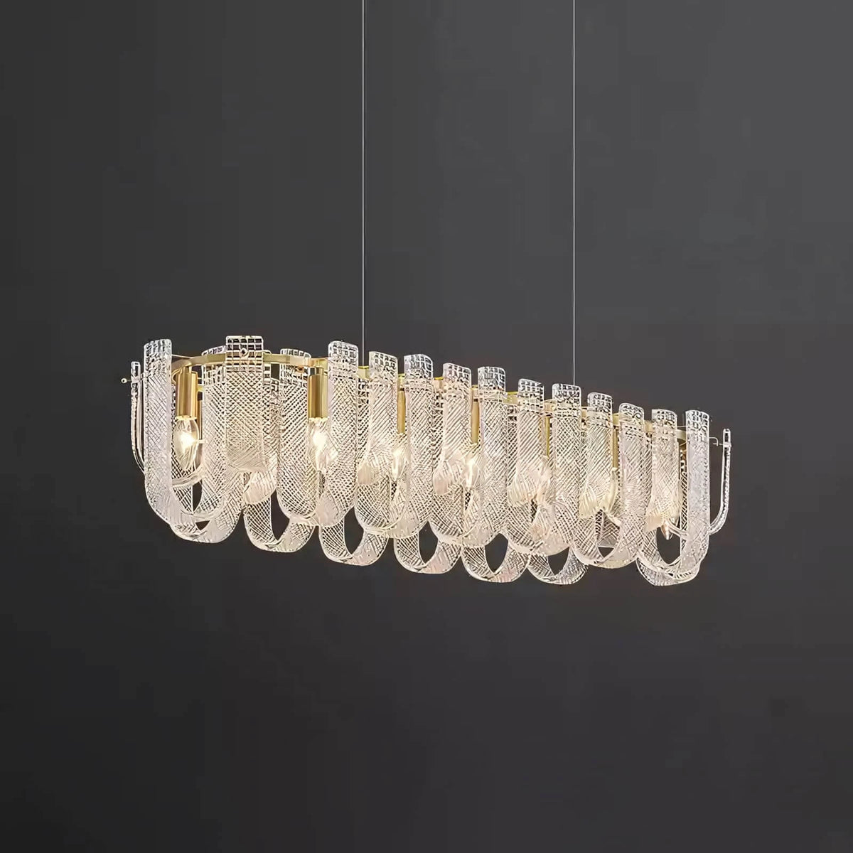 Illuminated Modern Fluted Art Glass Linear Chandelier Studio Display
