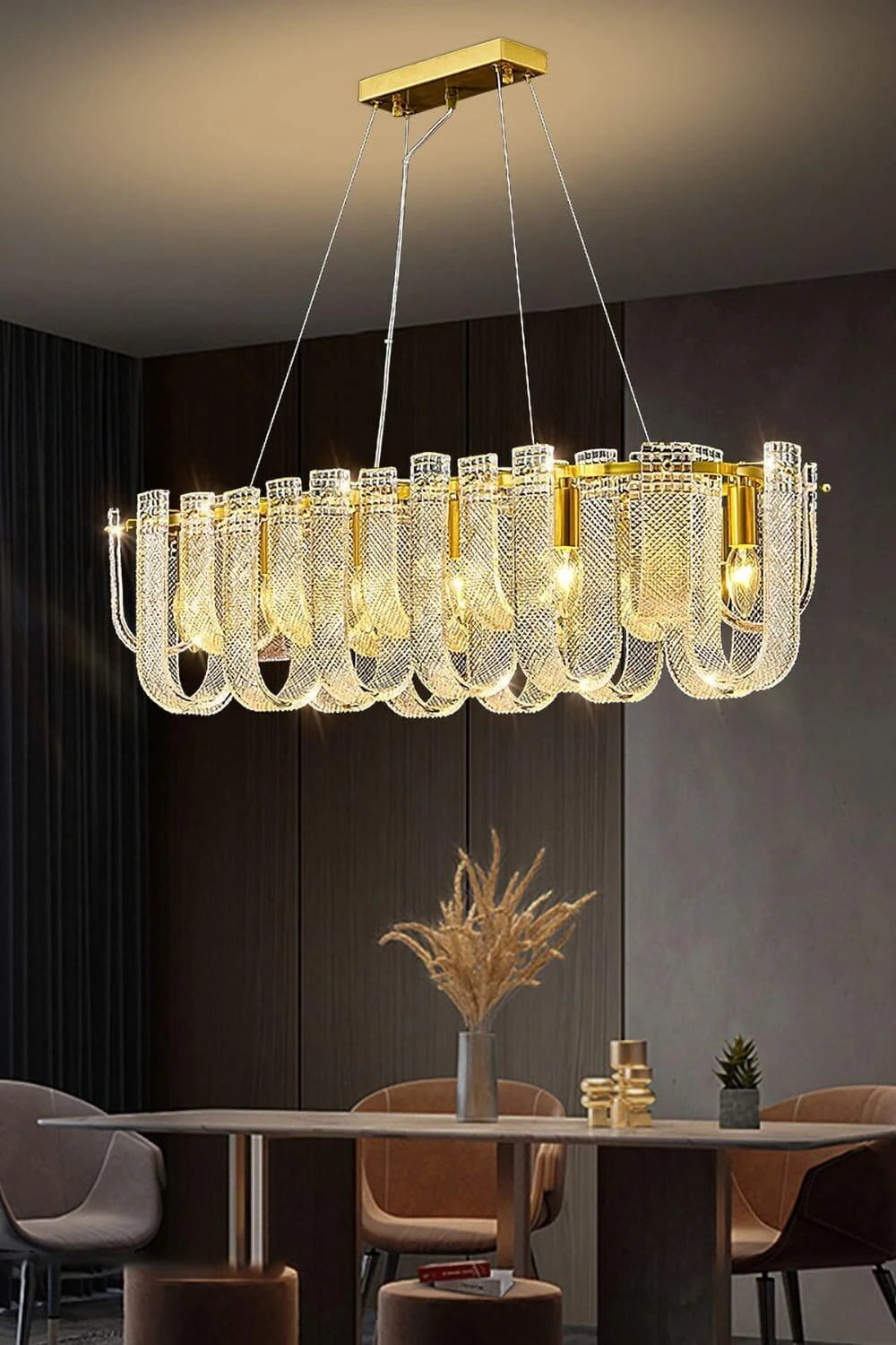 Modern Fluted Art Glass Linear Chandelier in Luxury Dining Area