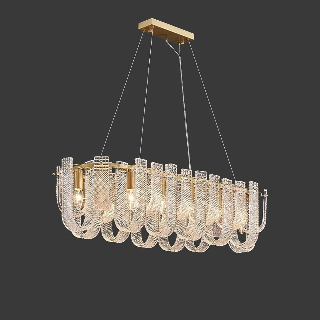 Illuminated Modern Brass Fluted Art Glass Linear Chandelier Studio Shot