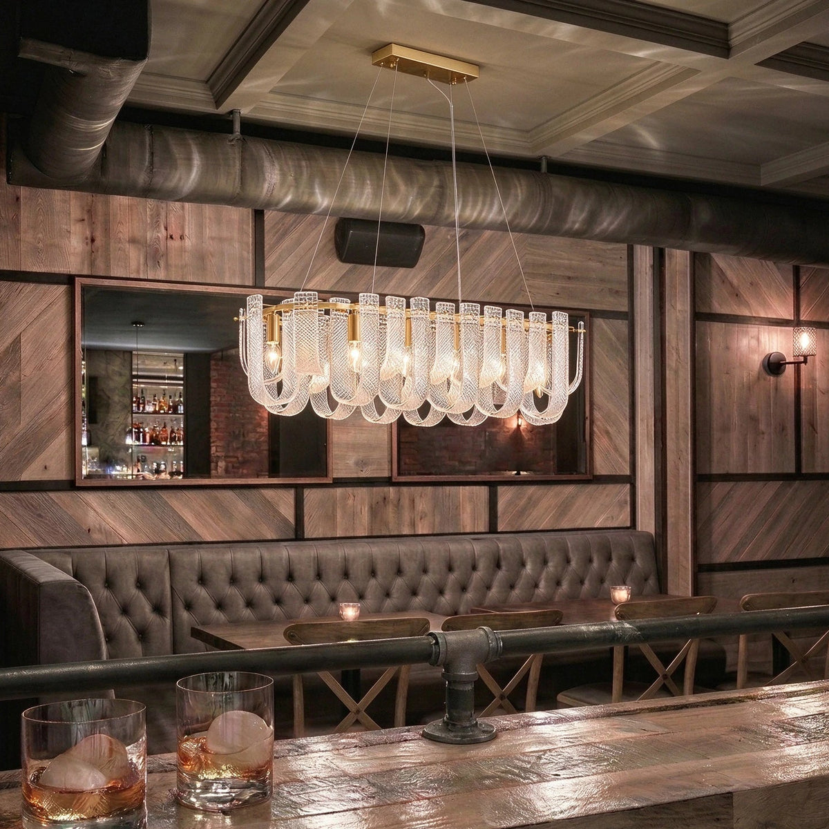 Modern Fluted Art Glass Linear Chandelier in Retro Lounge Bar Setting