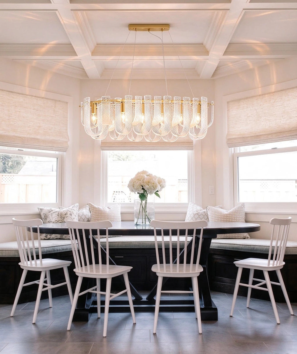 Modern Brass Fluted Art Glass Linear Chandelier Over Dining Nook