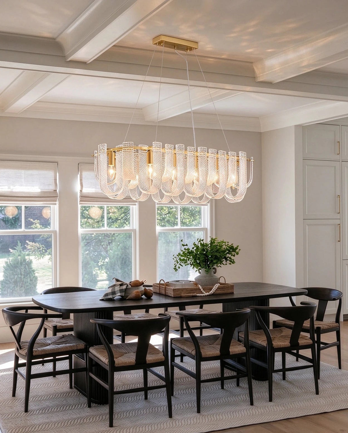 Modern Fluted Art Glass Linear Chandelier in Formal Dining Room