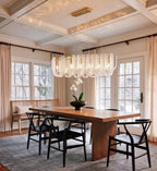 Modern Brass Fluted Art Glass Linear Chandelier in Elegant Dining Area