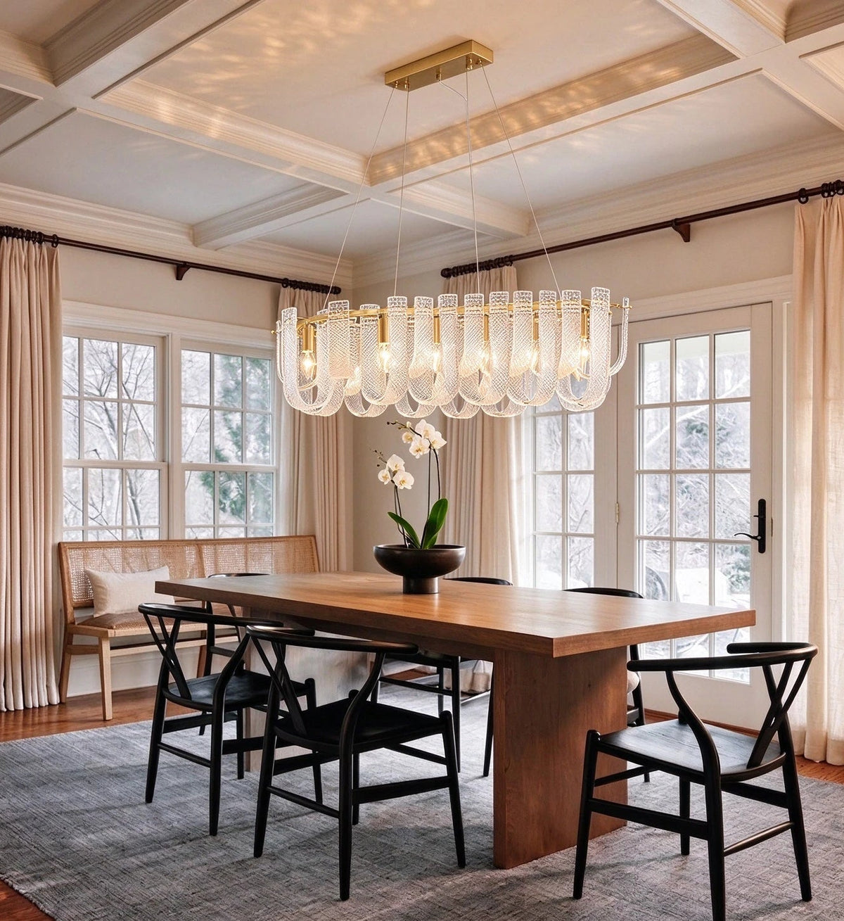 Modern Brass Fluted Art Glass Linear Chandelier in Elegant Dining Area