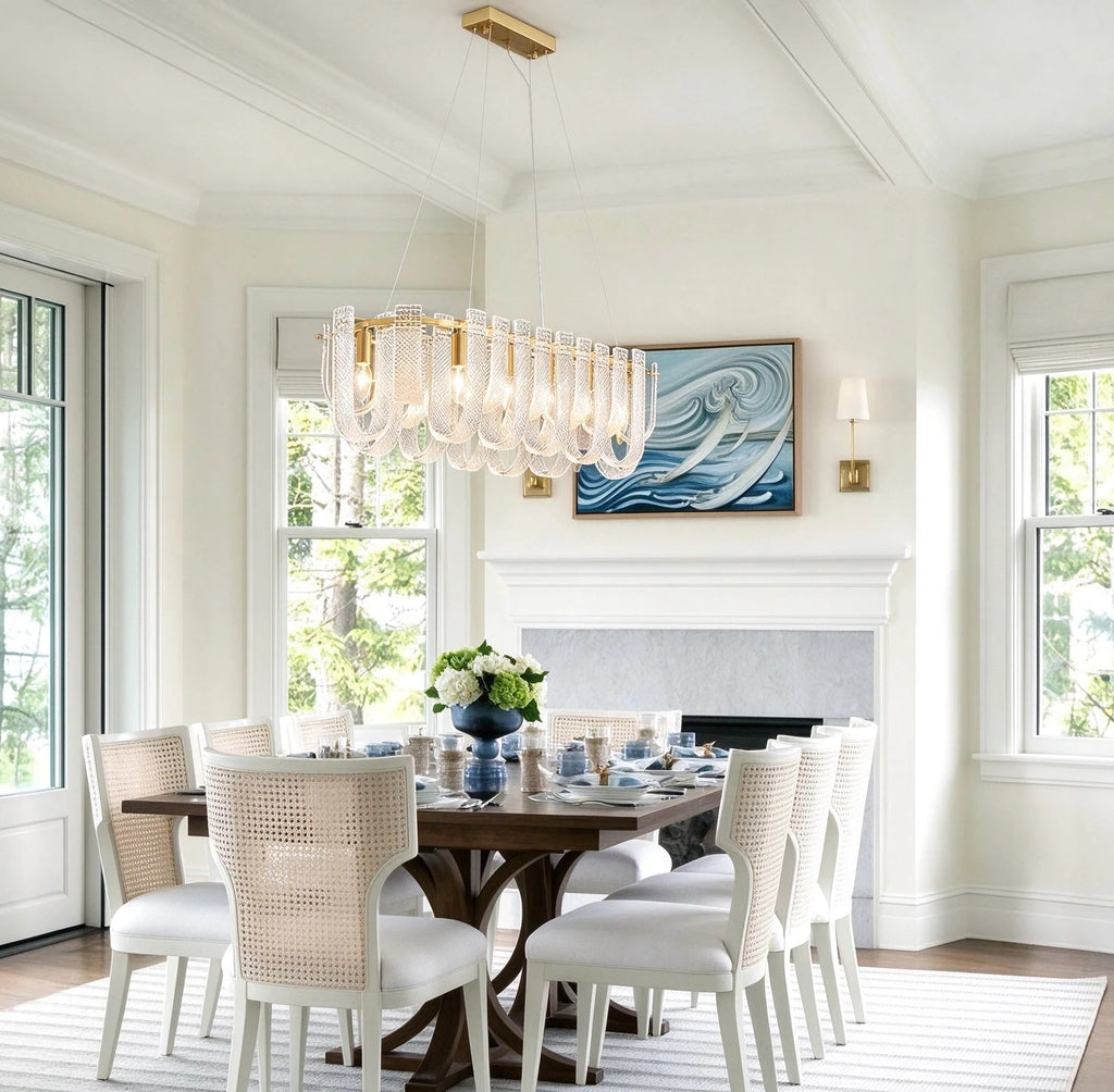 Modern Brass Fluted Art Glass Linear Chandelier Over Round Dining Table