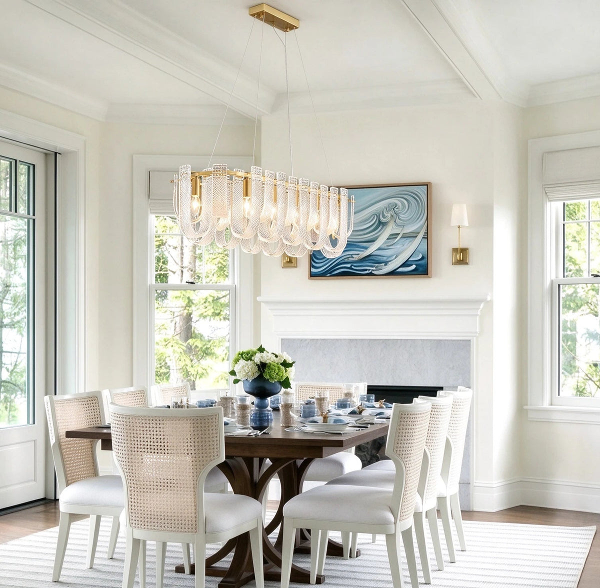 Modern Brass Fluted Art Glass Linear Chandelier Over Round Dining Table