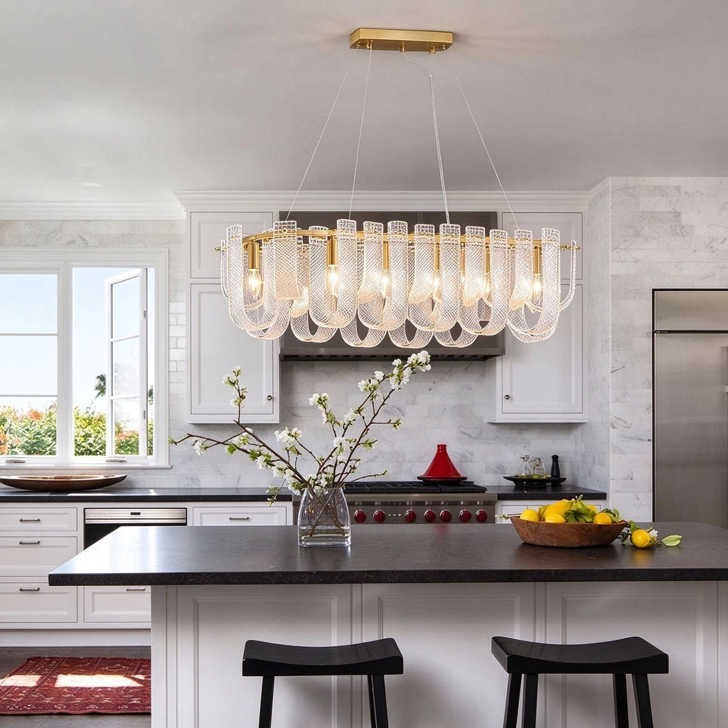 Modern Fluted Art Glass Linear Chandelier Over Kitchen Breakfast Bar