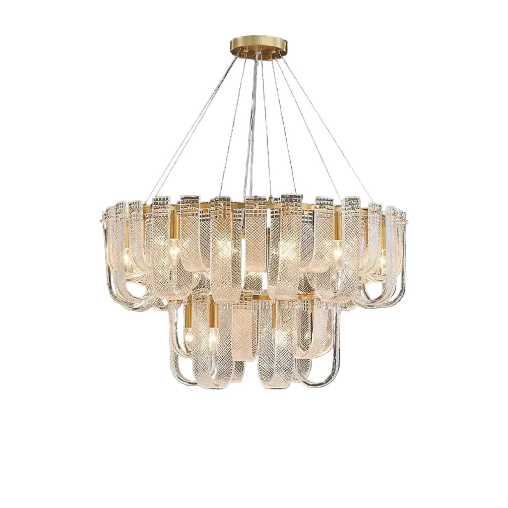 Modern Brass and Fluted Art Glass Chandelier with Gold Canopy on Pure White Background