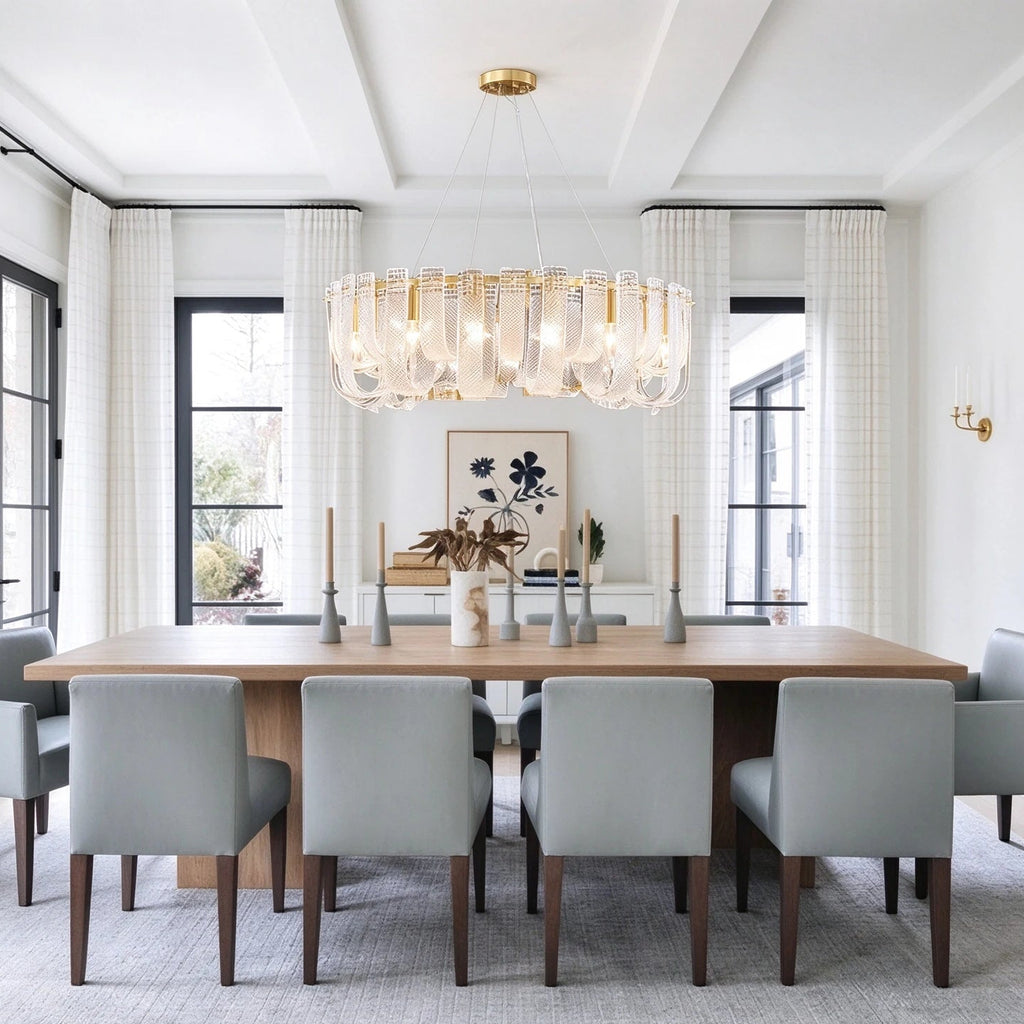 Modern Brass Fluted Art Glass Chandelier in Elegant Dining Area