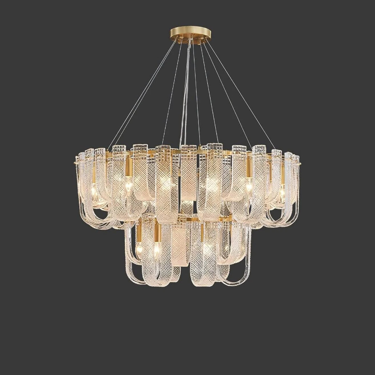 Front View of Modern Brass Fluted Art Glass Chandelier Studio Display