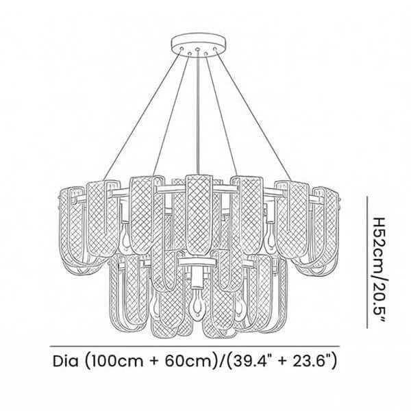 Modern Multi-Tier Fluted Art Glass Chandelier Line Art Dimension Diagram