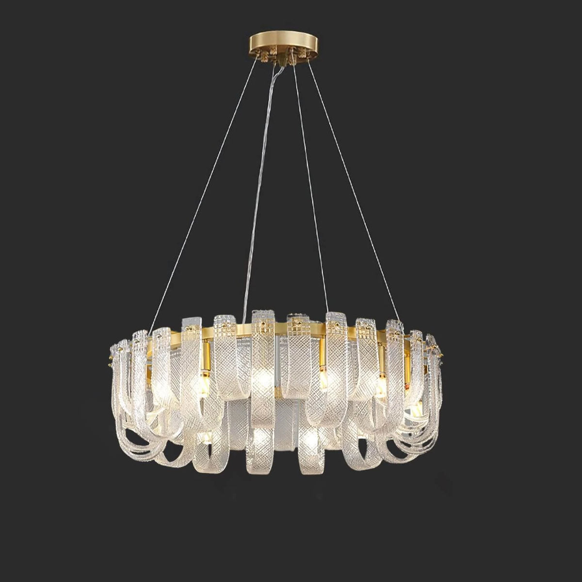 Illuminated Modern Brass Fluted Art Glass Multi-Tier Chandelier Studio Shot