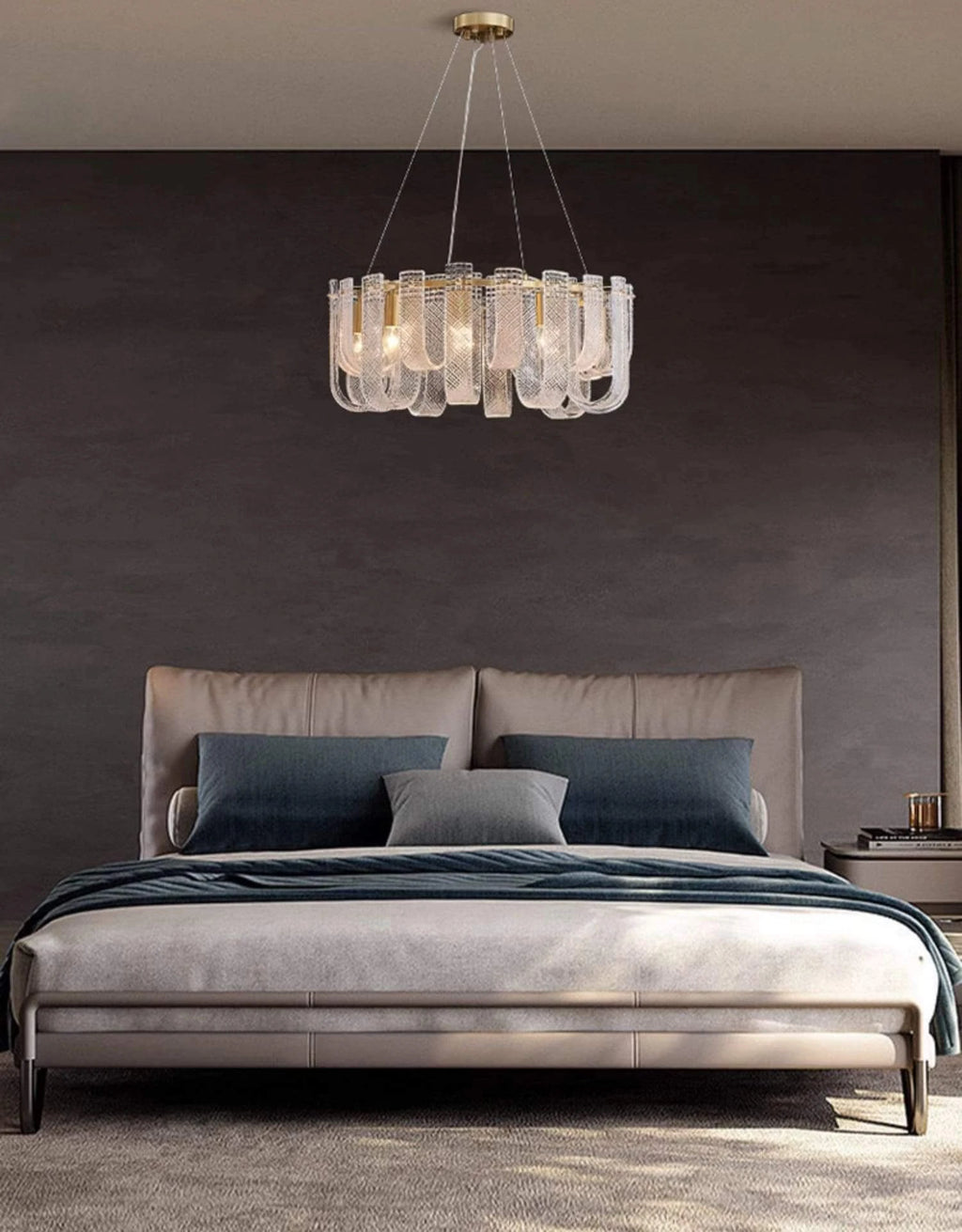 Modern Fluted Art Glass Chandelier in Luxury Bedroom Interior