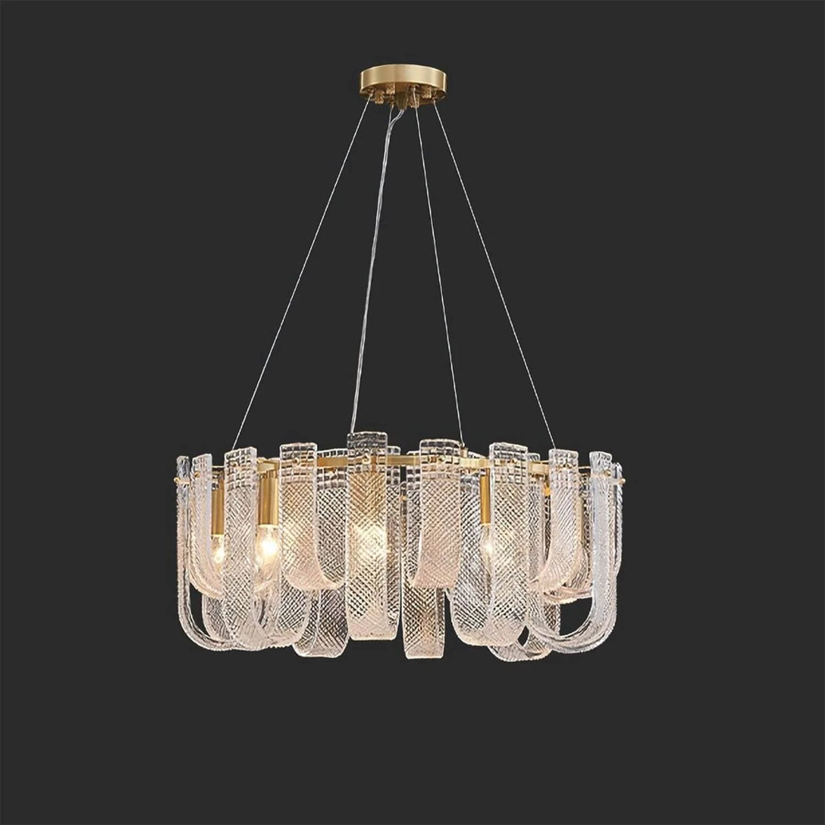 Illuminated Modern Fluted Art Glass Double-Tier Chandelier Studio Display
