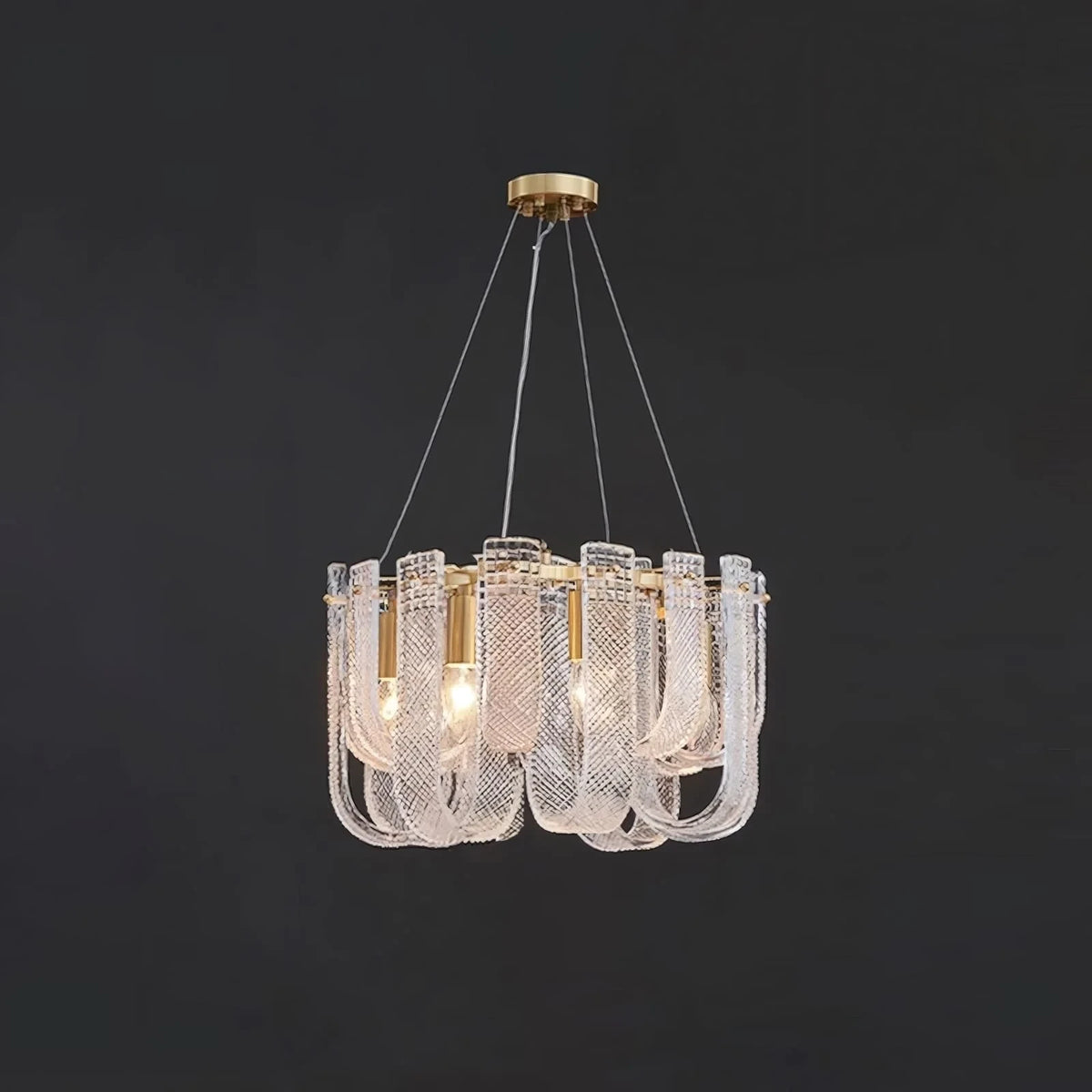 Illuminated Modern Brass Fluted Art Glass Single-Tier Chandelier Studio Shot