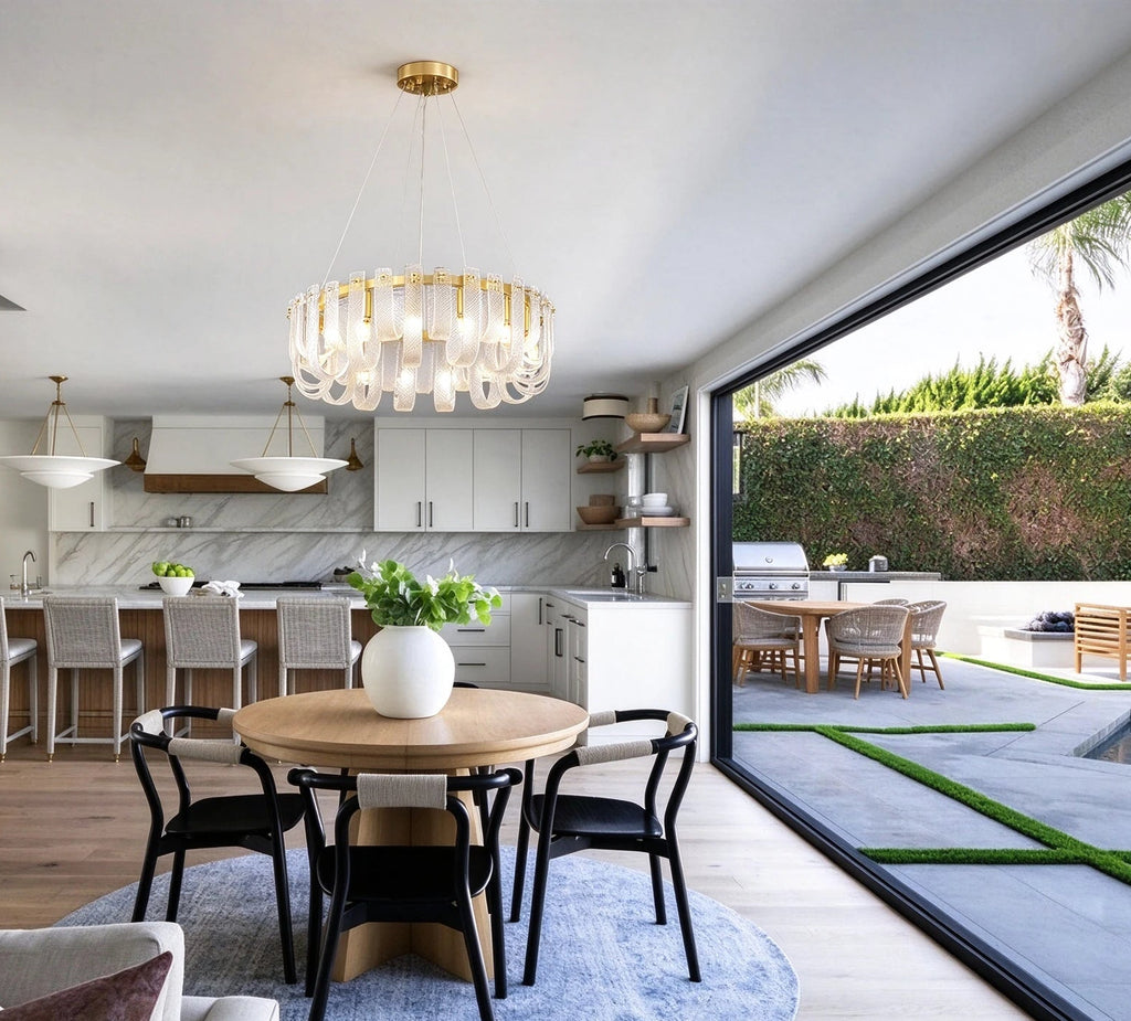 Modern Brass Fluted Art Glass Chandelier in Open Plan Kitchen Dining