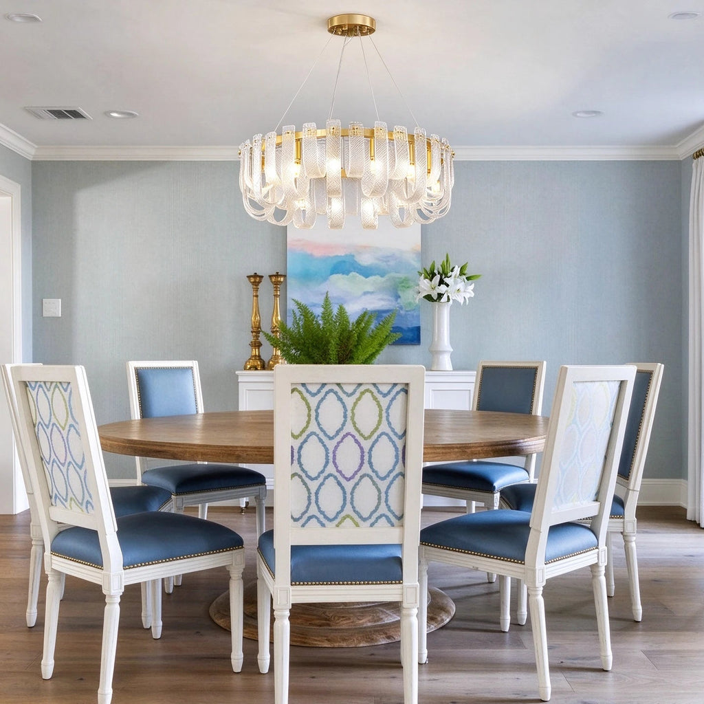 Modern Fluted Art Glass Chandelier in Formal Dining Room
