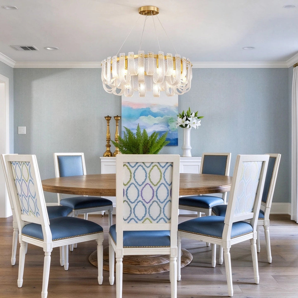 Modern Fluted Art Glass Chandelier in Formal Dining Room