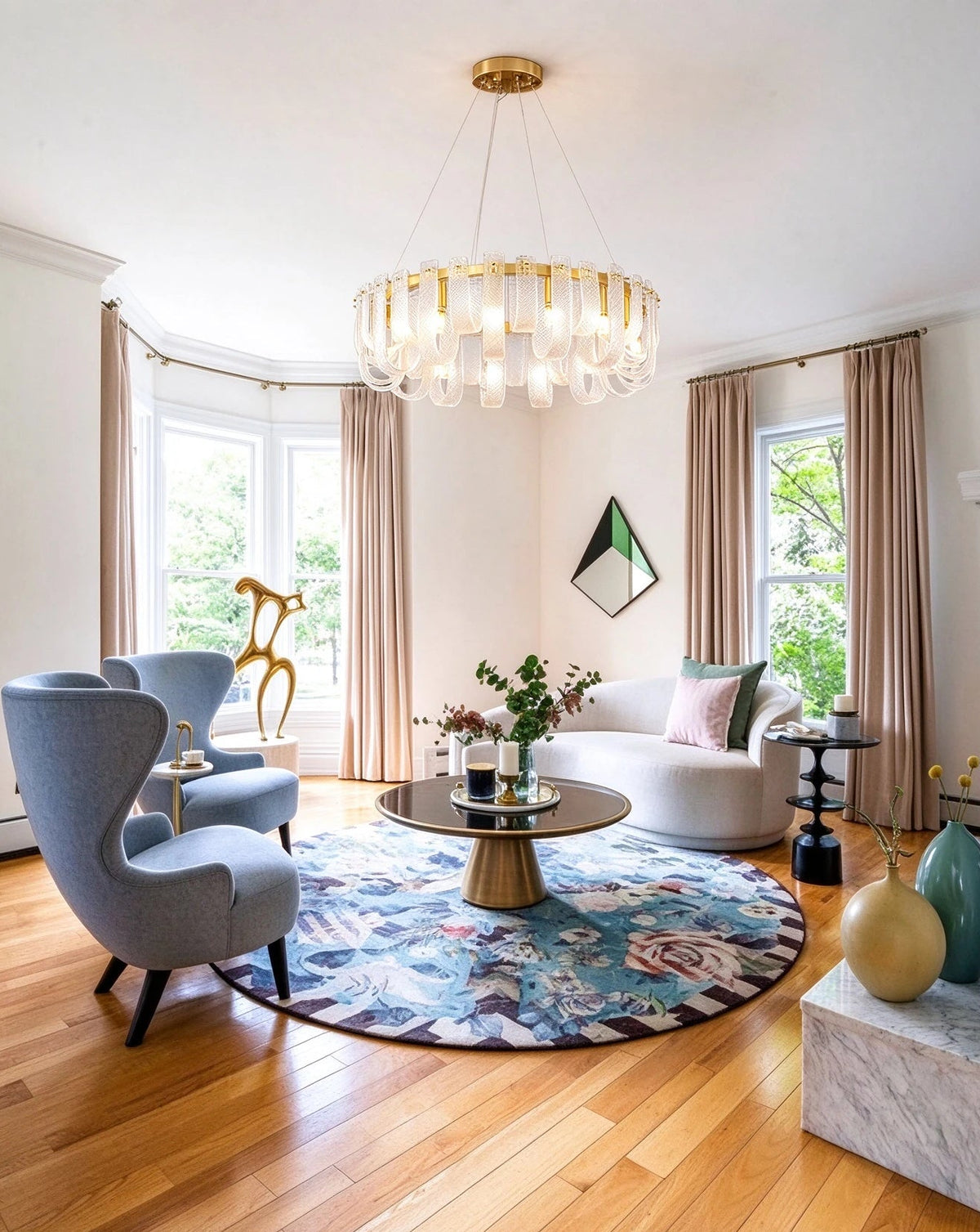 Modern Brass Fluted Art Glass Chandelier in Bright Living Room Setting