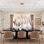 Modern Brass Fluted Art Glass Chandelier in Open Plan Dining Setting
