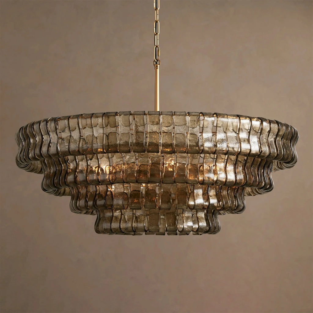 Illuminated Modern Medium Amber Tiered Chandelier Studio Display