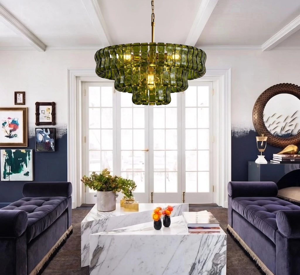 Modern Green Gradient Tiered Chandelier in Luxury Living Room