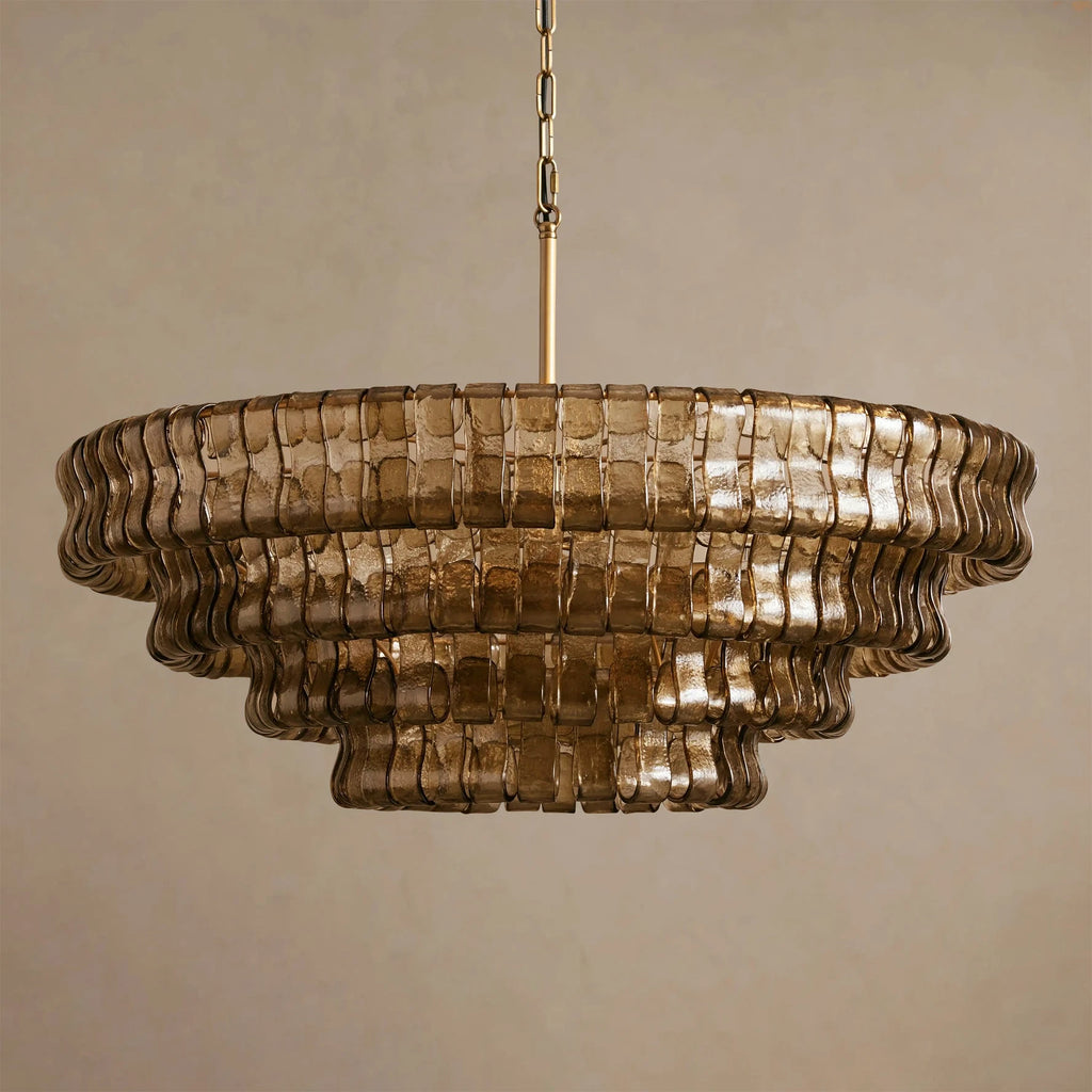 Illuminated Modern Dark Tiered Art Glass Chandelier Studio Shot