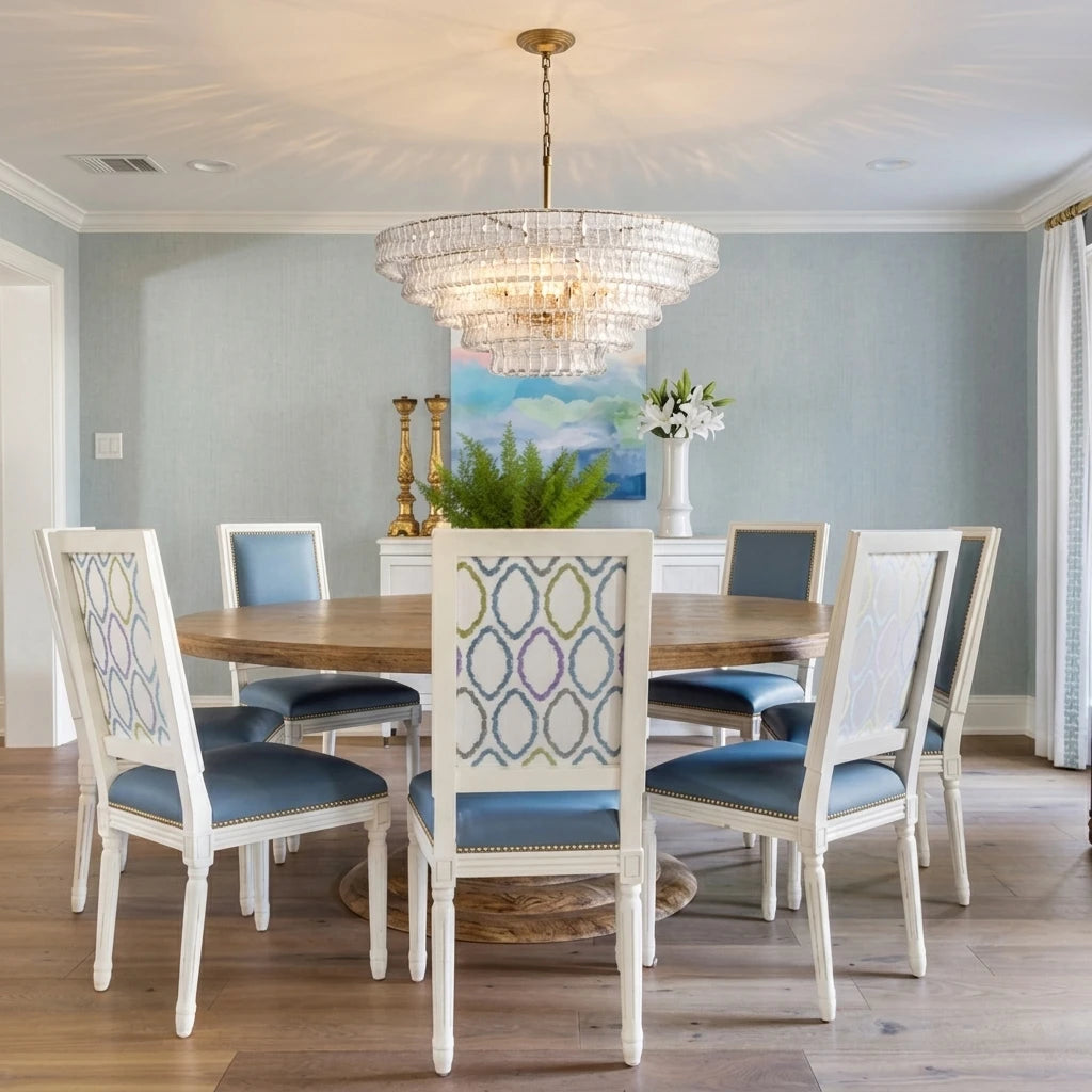 Modern Tiered Art Glass Chandelier Over Round Dining Table