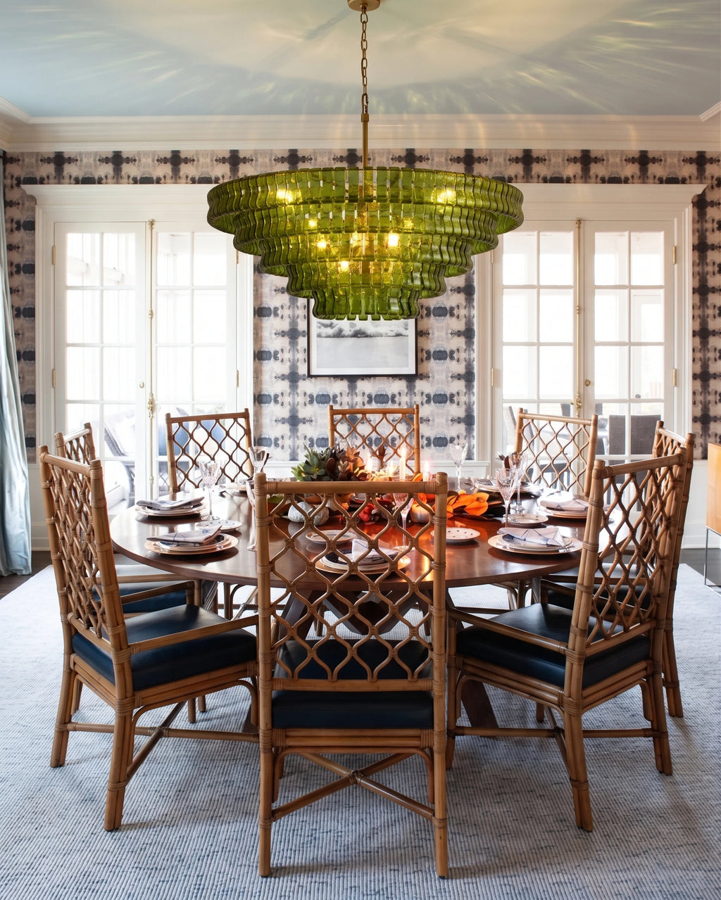 Modern Green Gradient Tiered Crystal Glass Chandelier in Formal Dining Room