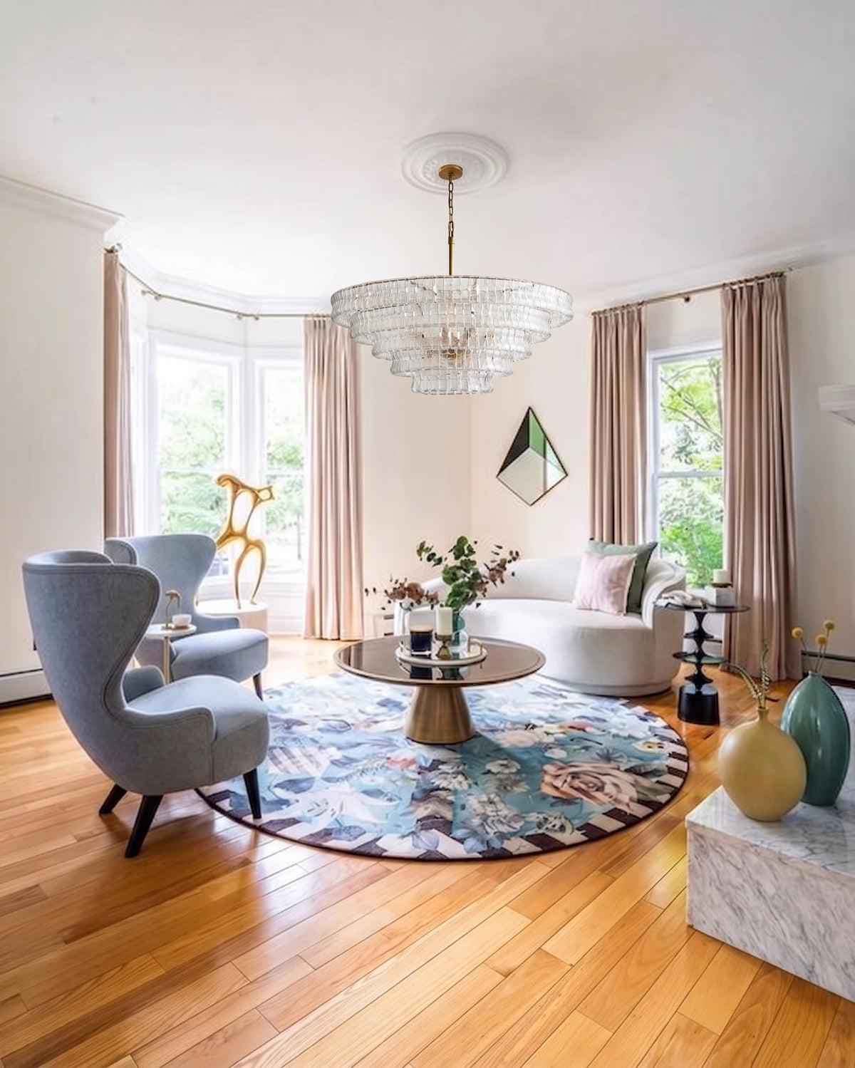 Modern Tiered Art Glass Chandelier in Bright Living Area
