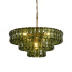 Modern Green Gradient Tiered Art Glass Chandelier with Gold Canopy on Pure White Background
