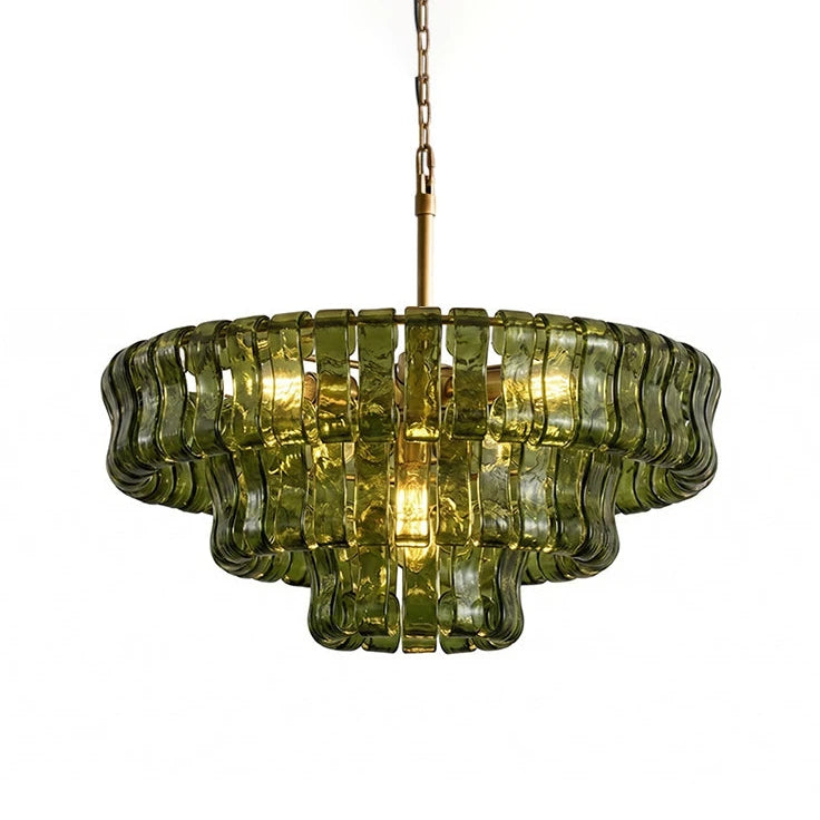 Modern Green Gradient Tiered Art Glass Chandelier with Gold Canopy on Pure White Background