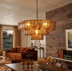 Modern Amber Tiered Art Glass Chandelier in Cozy Sitting Room