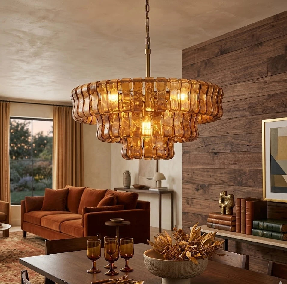 Modern Amber Tiered Art Glass Chandelier in Cozy Sitting Room
