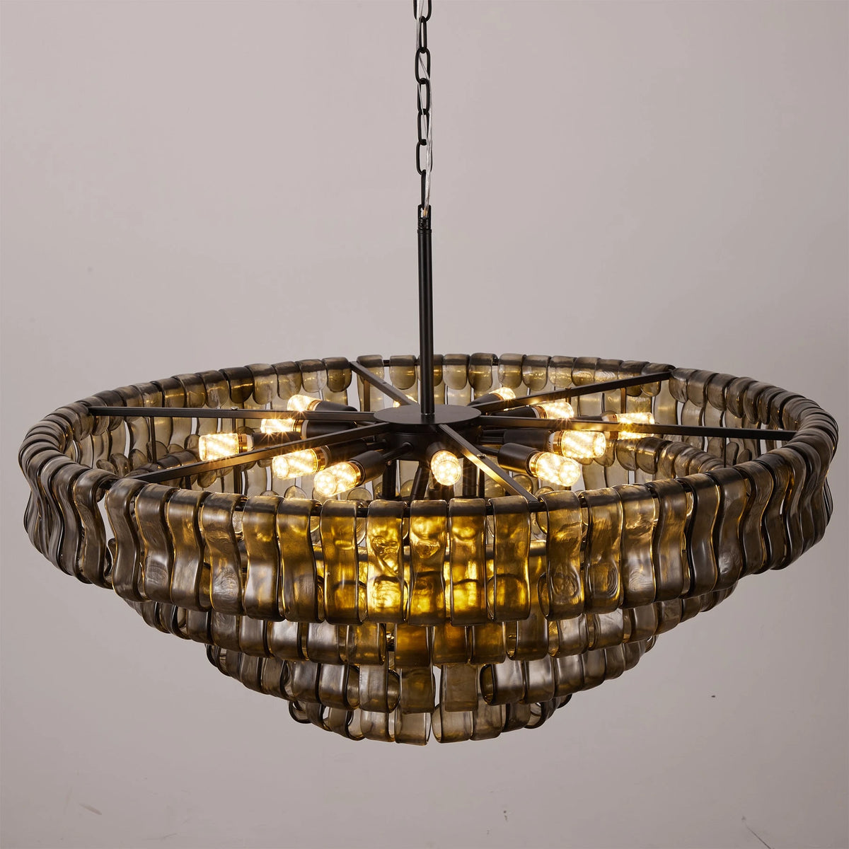 Illuminated Modern Black Frame Tiered Crystal Glass Chandelier Studio Display