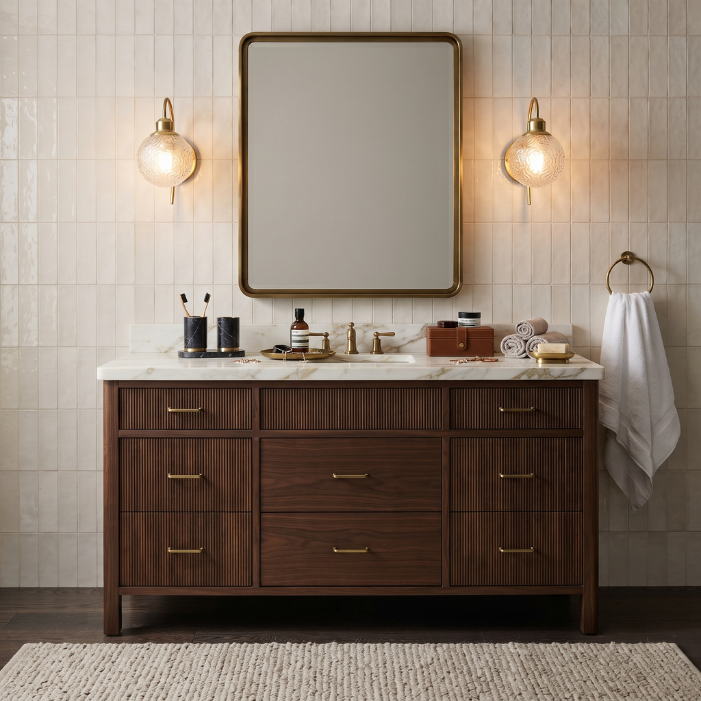 Pair of Brass Hammered Glass Vanity Sconces Flanking Bathroom Mirror