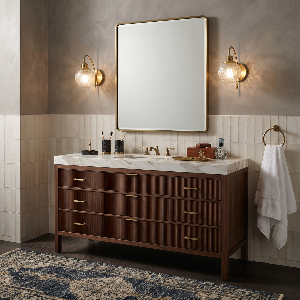 Pair of Brass Globe Vanity Lights Beside Bathroom Mirror