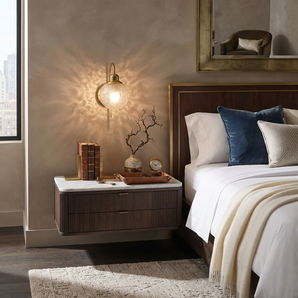 Brass Hammered Glass Globe Sconce as Bedside Ambient Light